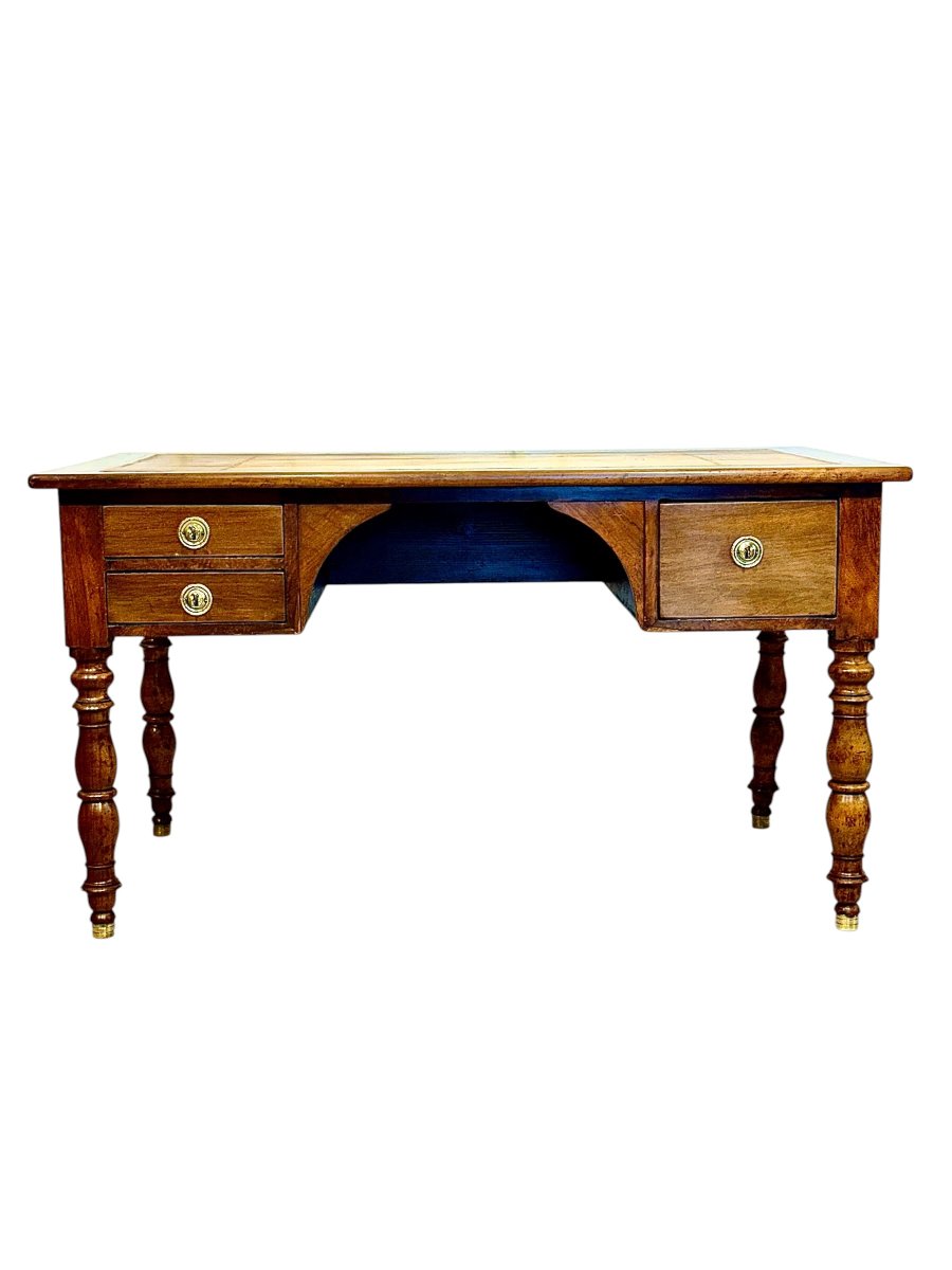 Bureau de ministre anglais du XIXe siècle en noyer avec plateau en cuir gaufré-photo-4