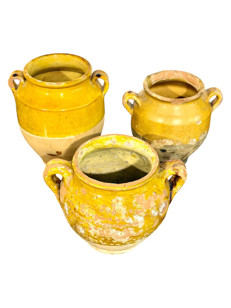 Set Of Three Yellow French Provincial Confit Pots, Early 19th Century-photo-2