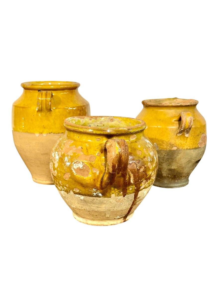 Set Of Three Yellow French Provincial Confit Pots, Early 19th Century-photo-3