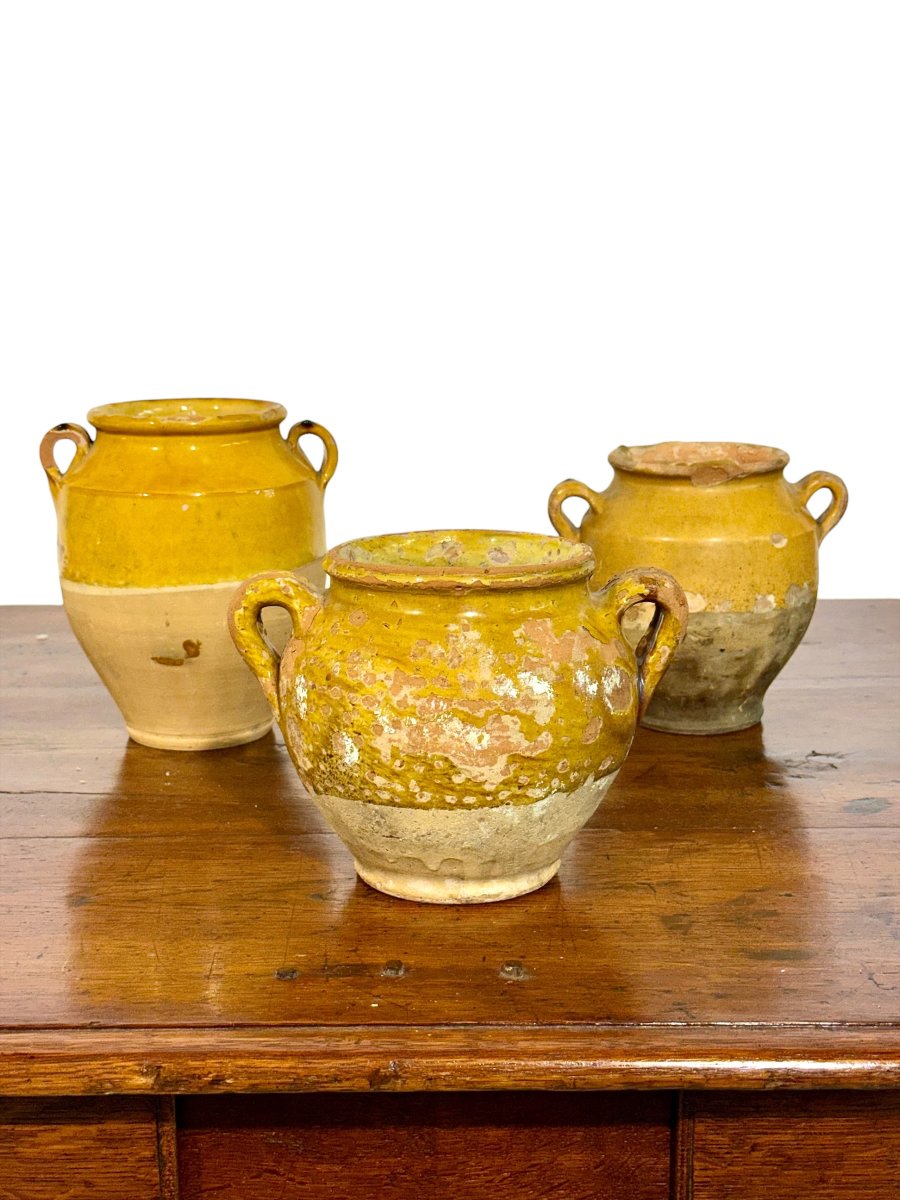 Set Of Three Yellow French Provincial Confit Pots, Early 19th Century-photo-8