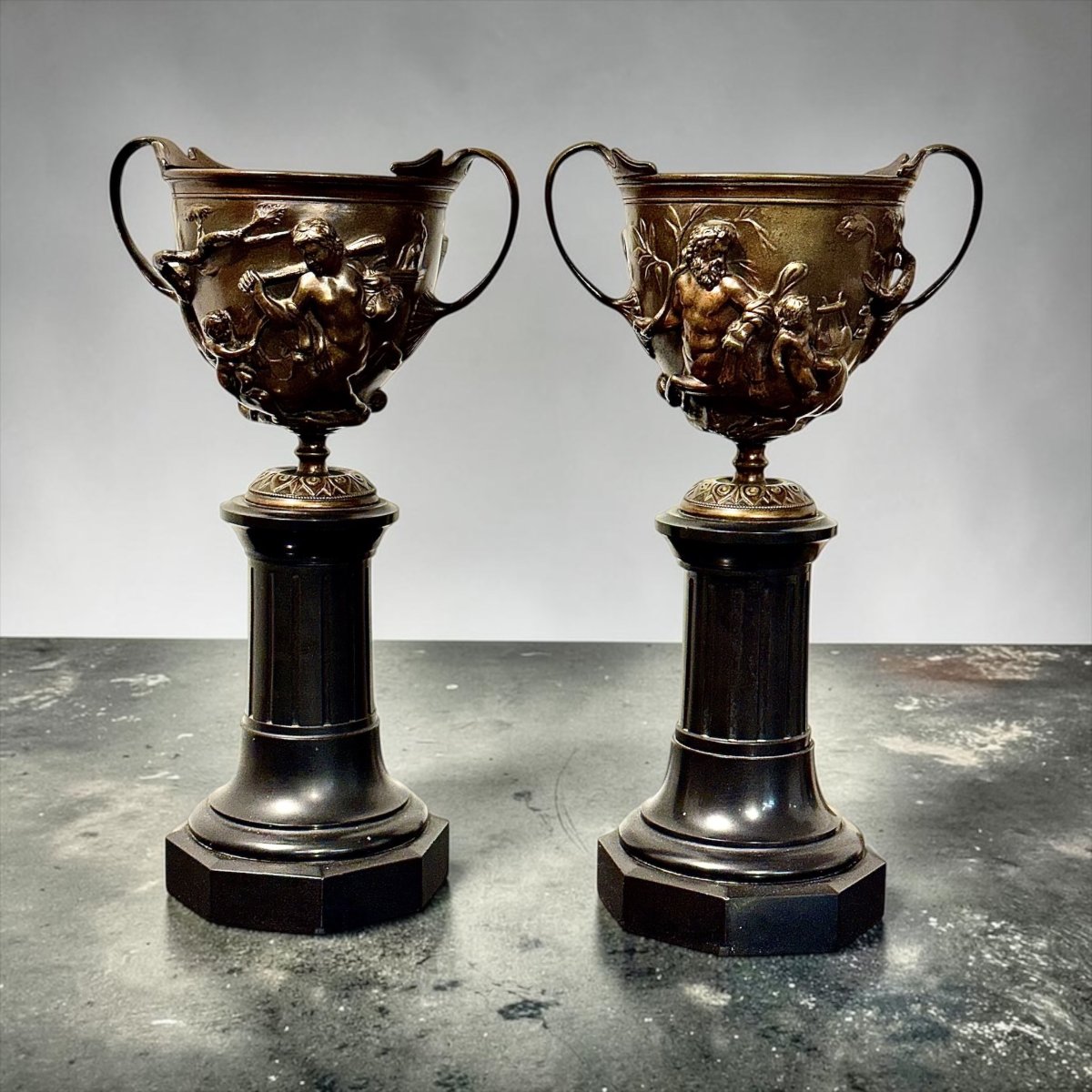 Pair Of 19th Century French Bronze Urns On Marble Pedestals-photo-2