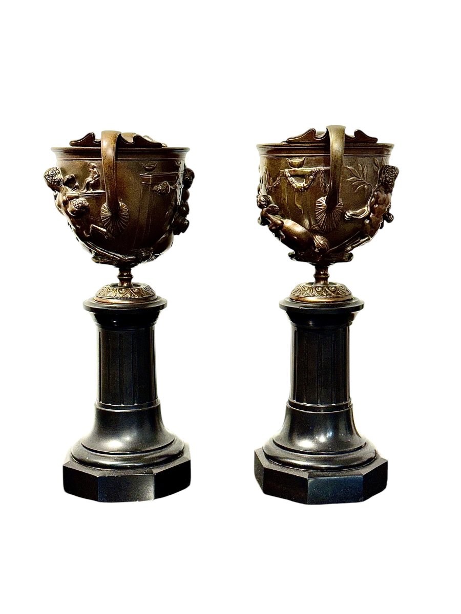Pair Of 19th Century French Bronze Urns On Marble Pedestals-photo-4