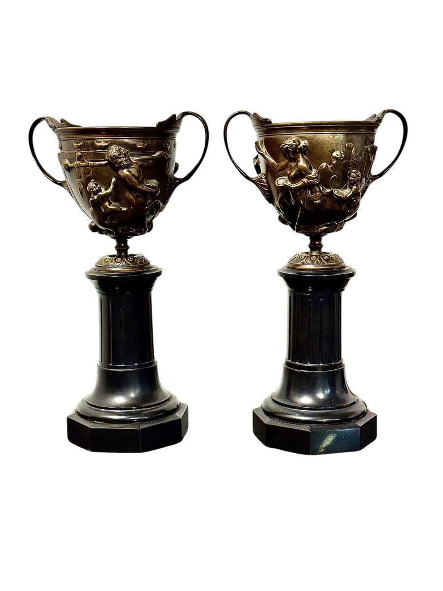 Pair Of 19th Century French Bronze Urns On Marble Pedestals