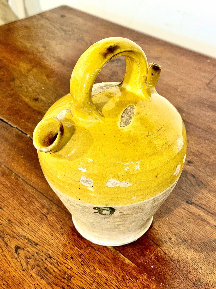 19th Century French Yellow Glazed Terracotta Gargoulette Water Jug-photo-2