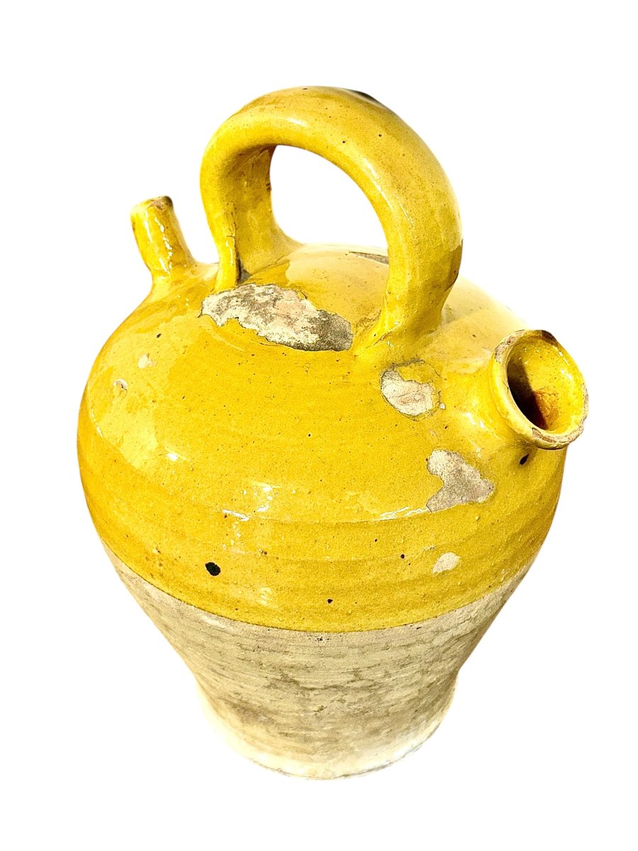 19th Century French Yellow Glazed Terracotta Gargoulette Water Jug-photo-2