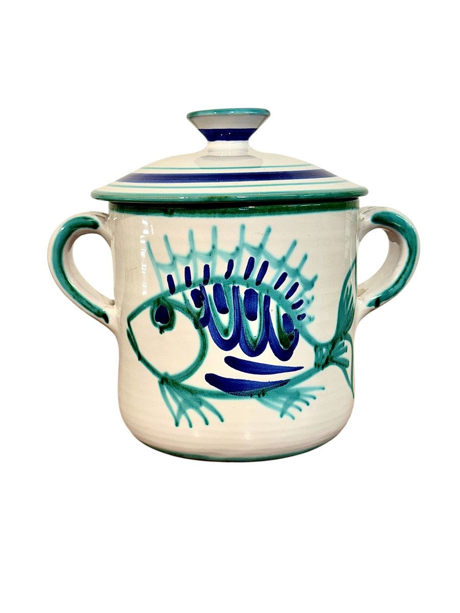 Soupière en faïence avec couvercle et décor de poissons, signée Robert Picault (Vallauris)-photo-2