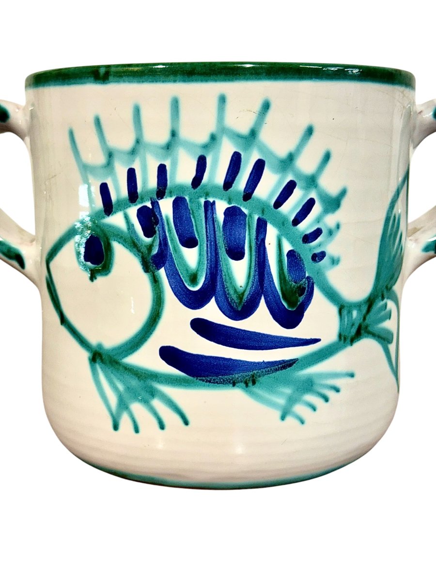 Soupière en faïence avec couvercle et décor de poissons, signée Robert Picault (Vallauris)-photo-4