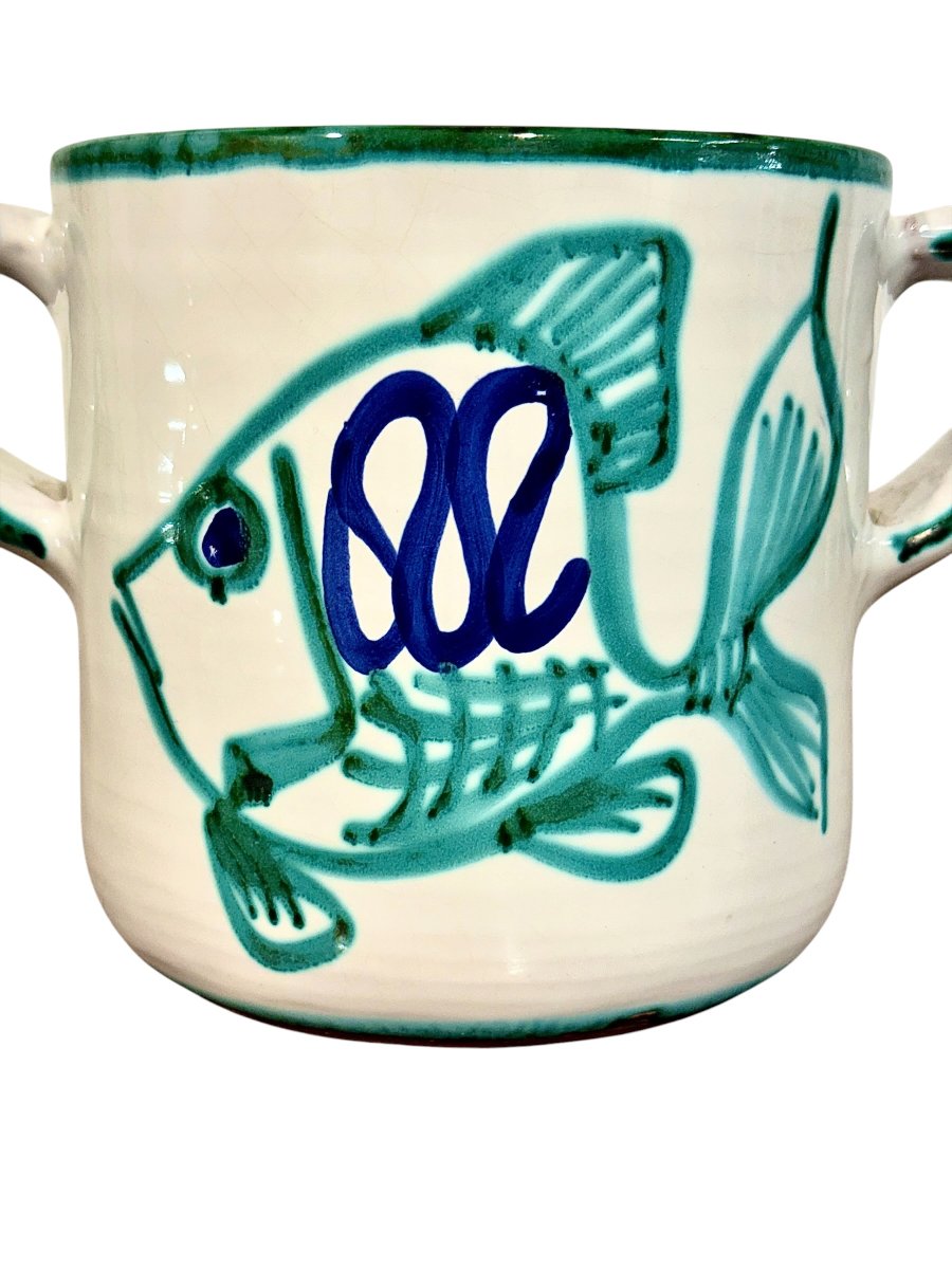 Soupière en faïence avec couvercle et décor de poissons, signée Robert Picault (Vallauris)-photo-5