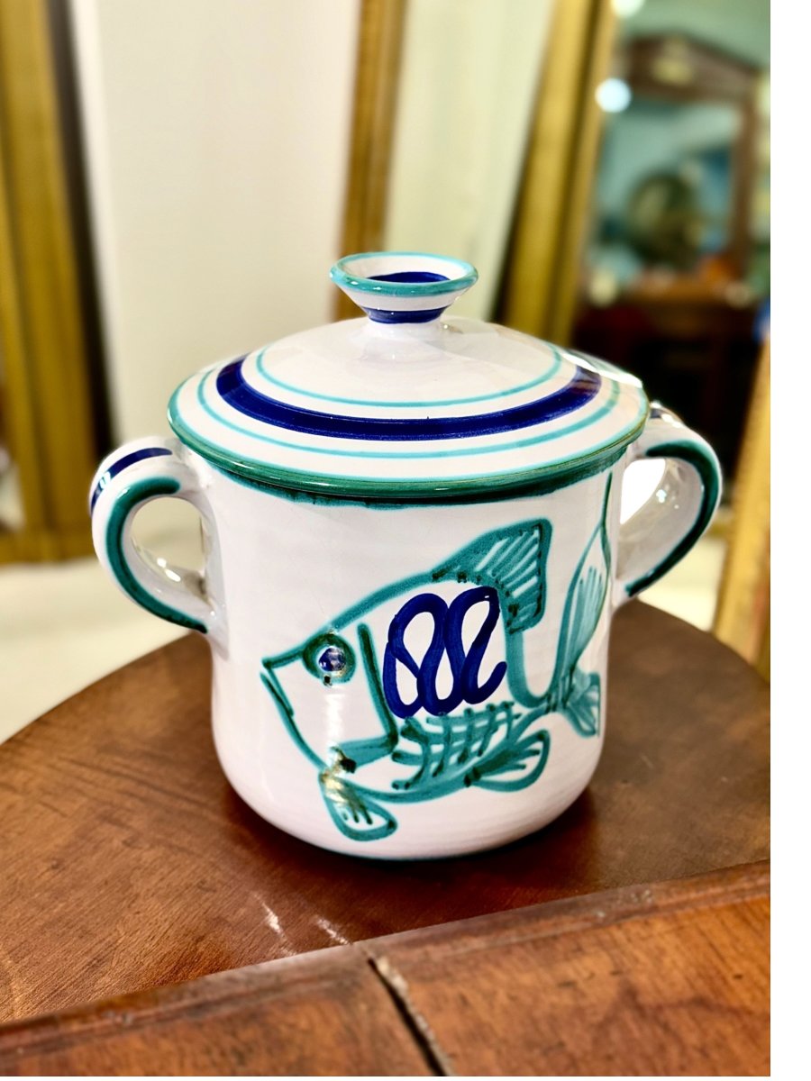 Soupière en faïence avec couvercle et décor de poissons, signée Robert Picault (Vallauris)-photo-8