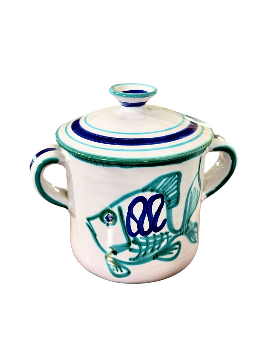 Soupière en faïence avec couvercle et décor de poissons, signée Robert Picault (Vallauris)