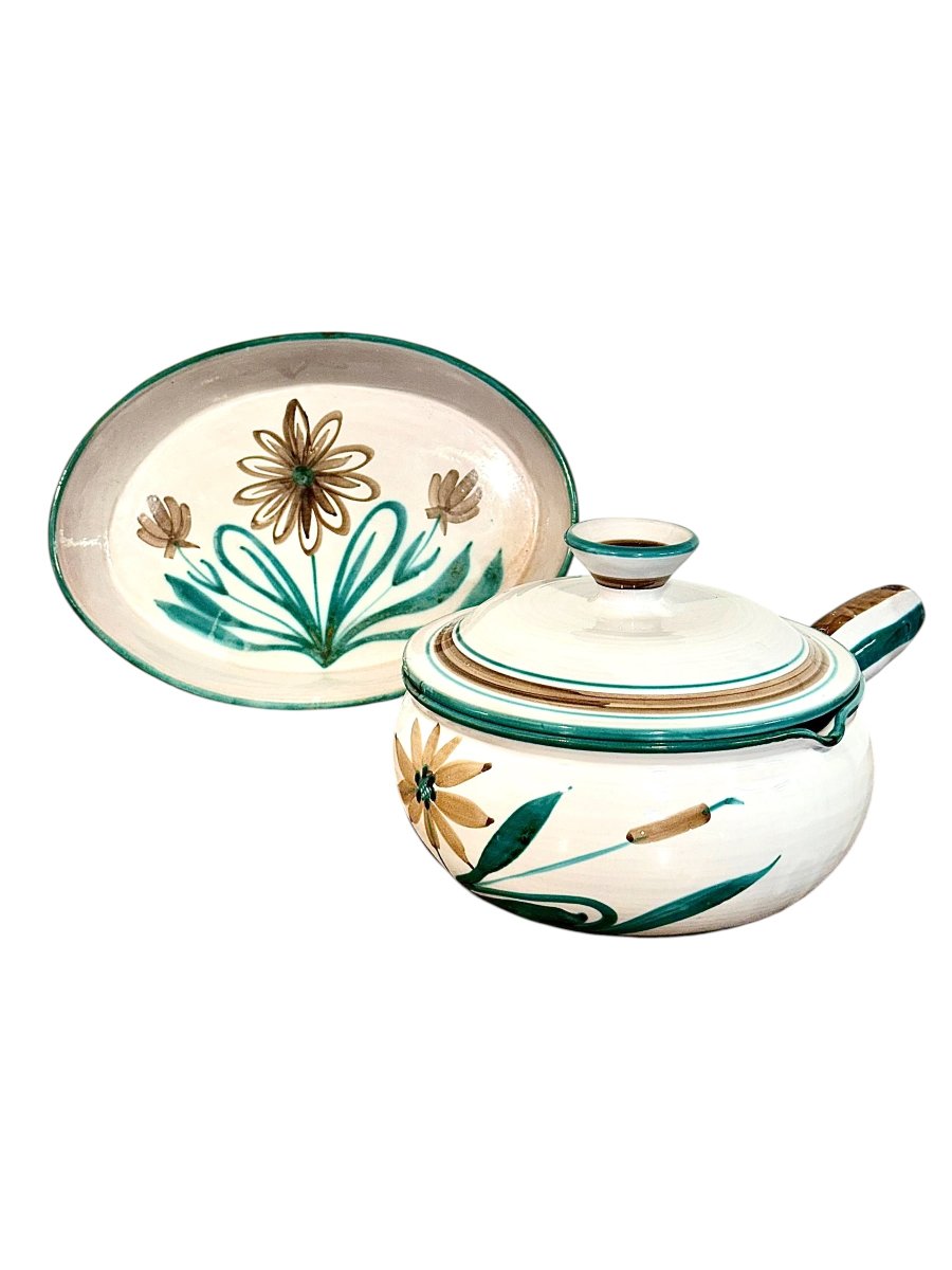 Ensemble plat à four et casserole en céramique Robert Picault, Vallauris 1960
