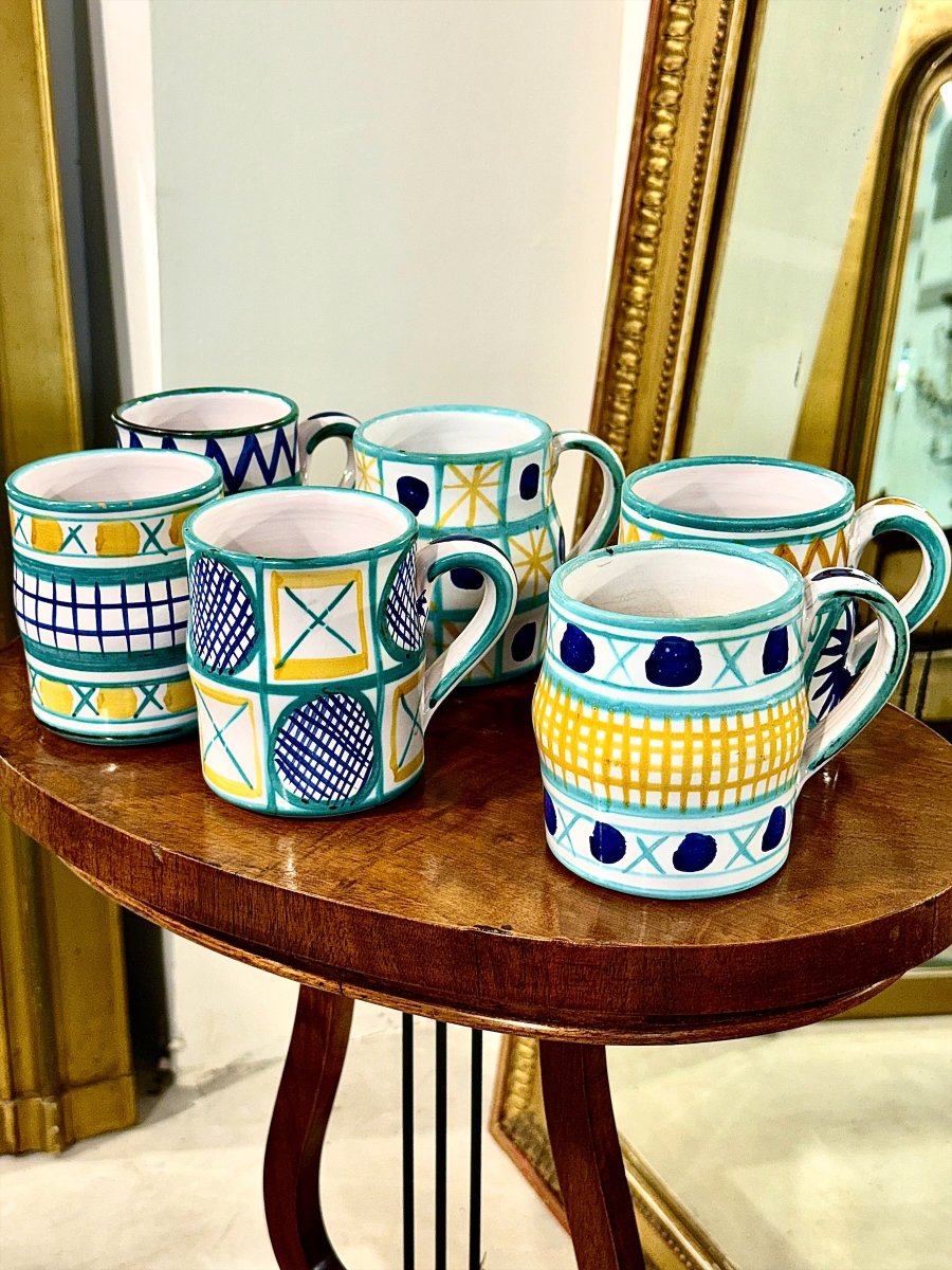 Set Of Six Robert Picault Ceramic Mugs, Vallauris France, Circa 1960-photo-2