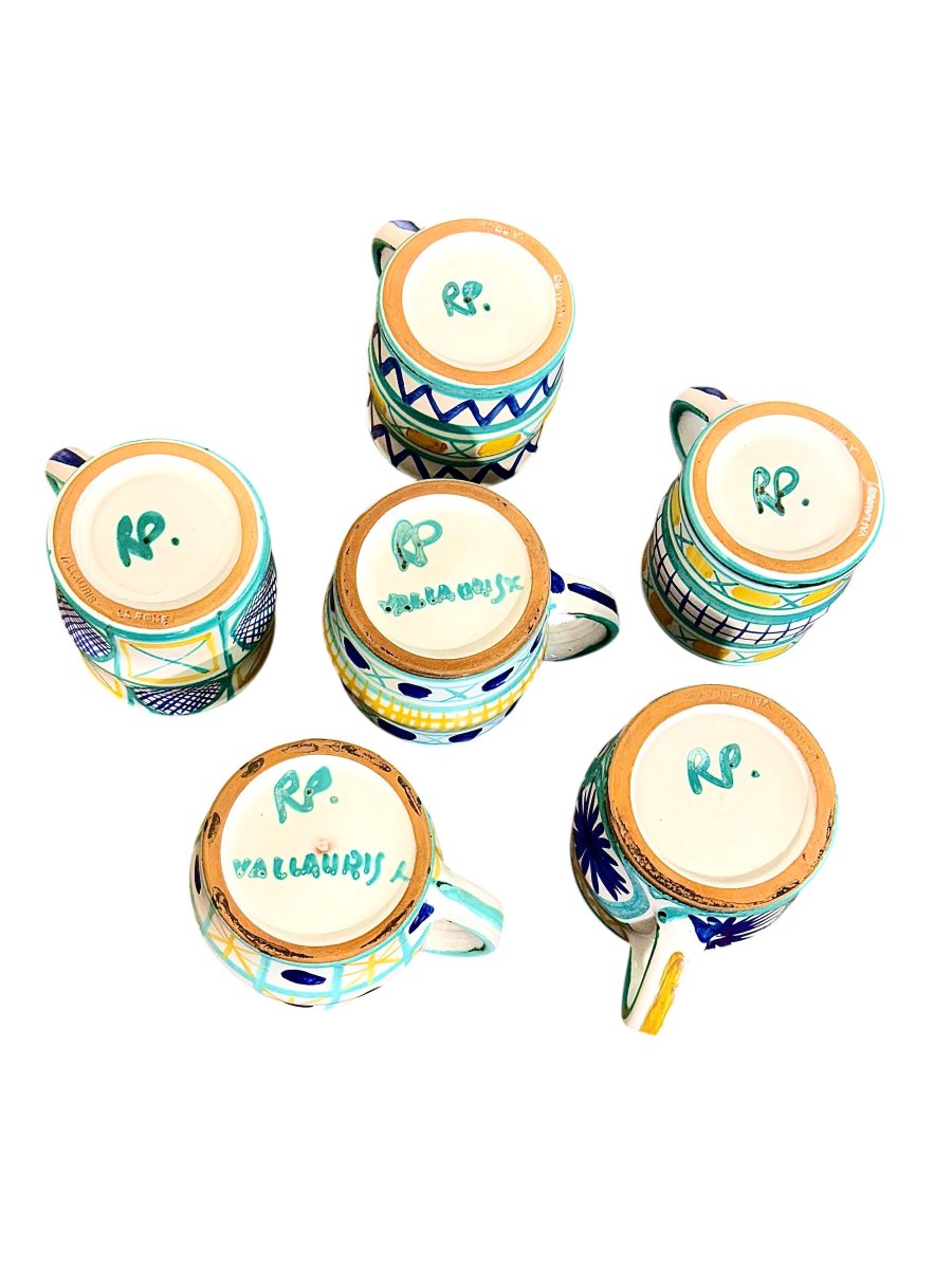 Set Of Six Robert Picault Ceramic Mugs, Vallauris France, Circa 1960-photo-1