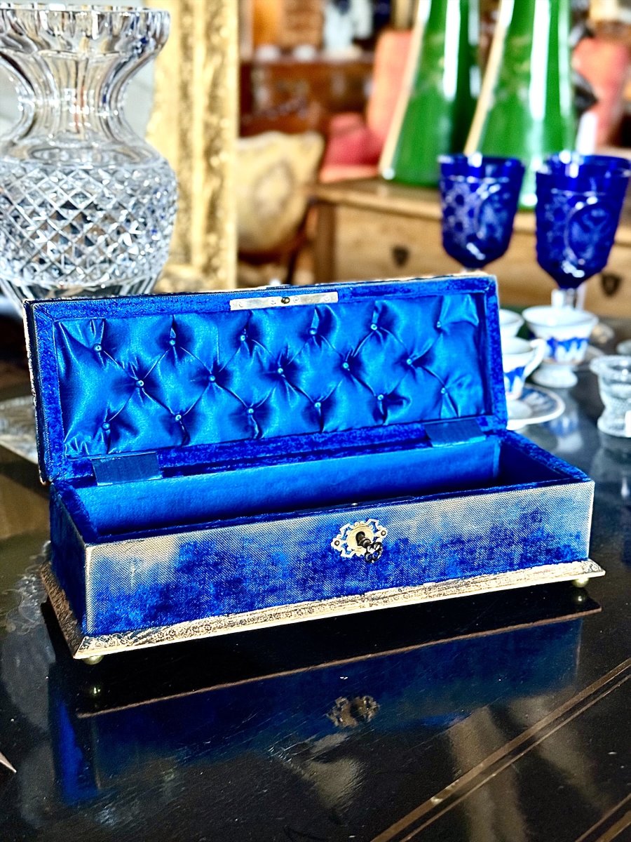 Boîte à bijoux du XIXe siècle en velours bleu avec galon doré, France-photo-2