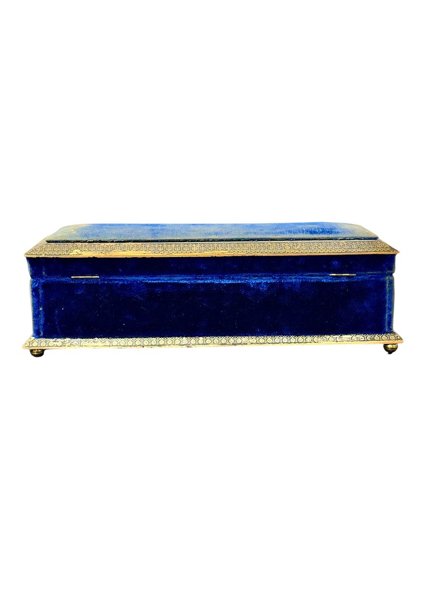 Boîte à bijoux du XIXe siècle en velours bleu avec galon doré, France-photo-4