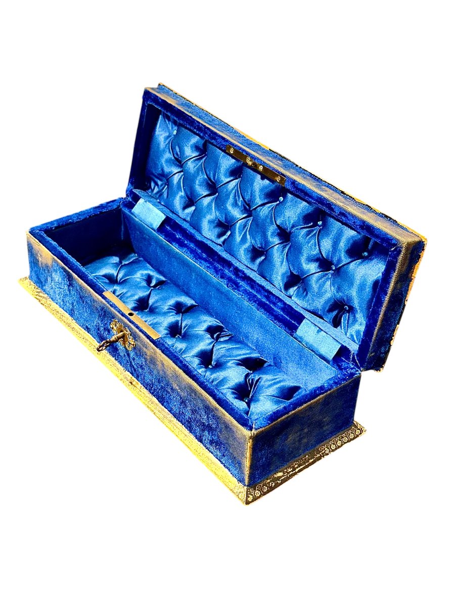 Boîte à bijoux du XIXe siècle en velours bleu avec galon doré, France-photo-2