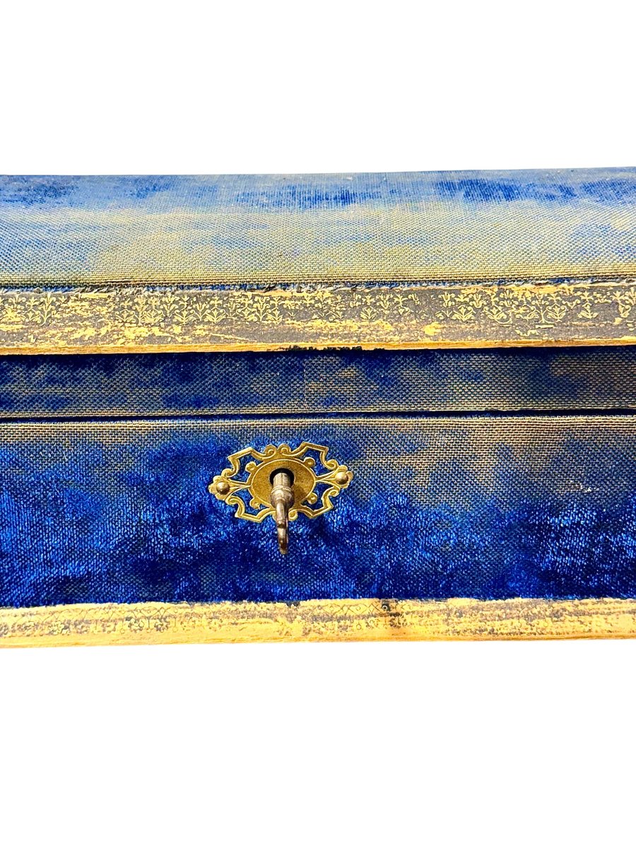 Boîte à bijoux du XIXe siècle en velours bleu avec galon doré, France-photo-5