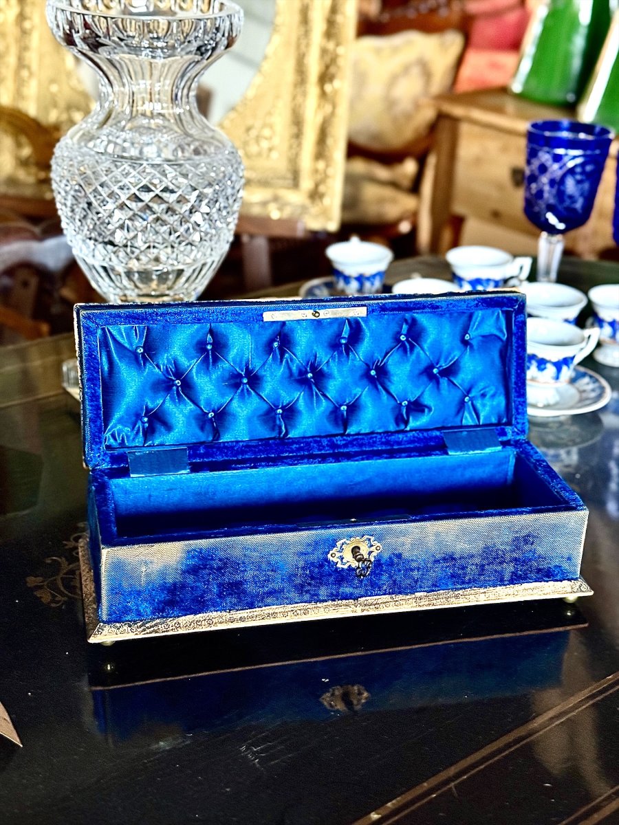 Boîte à bijoux du XIXe siècle en velours bleu avec galon doré, France-photo-8