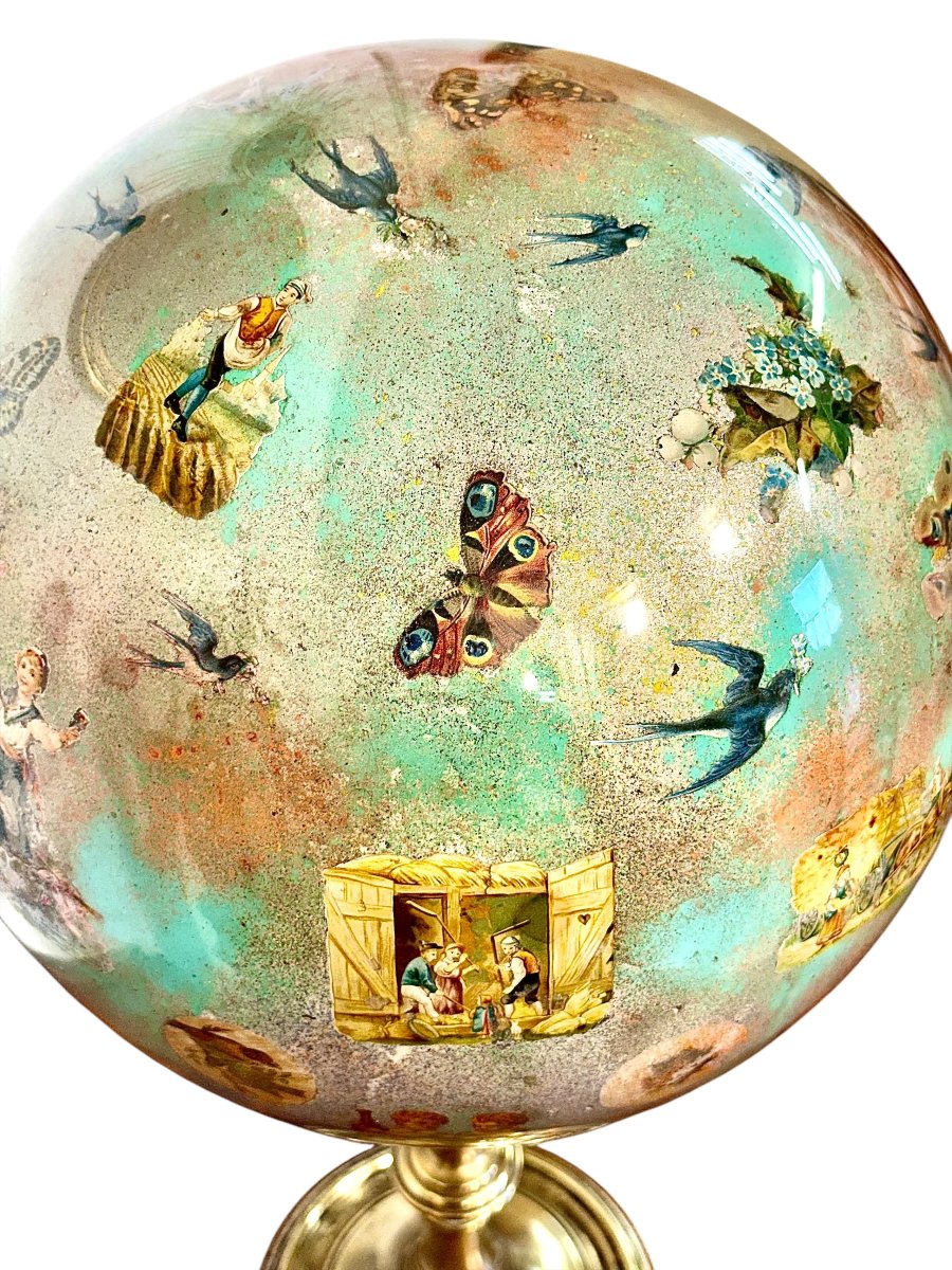 Rare 19th Century French Folk Art Decoupage Glass Globe On Brass Stand-photo-2