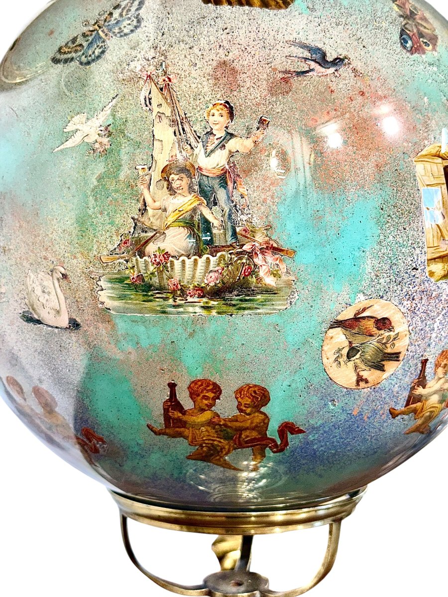 Rare 19th Century French Folk Art Decoupage Glass Globe On Brass Stand-photo-3
