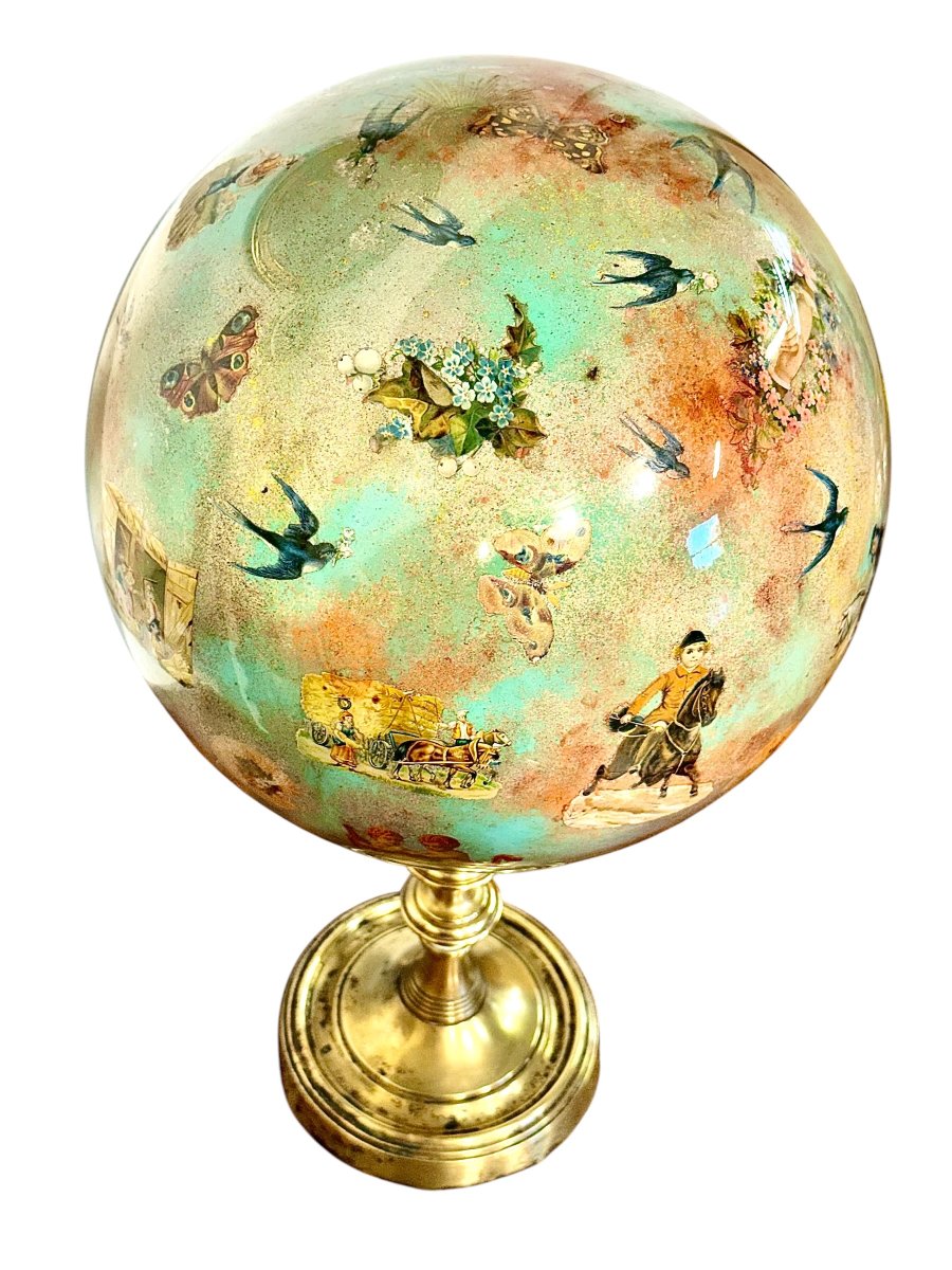 Rare 19th Century French Folk Art Decoupage Glass Globe On Brass Stand-photo-4