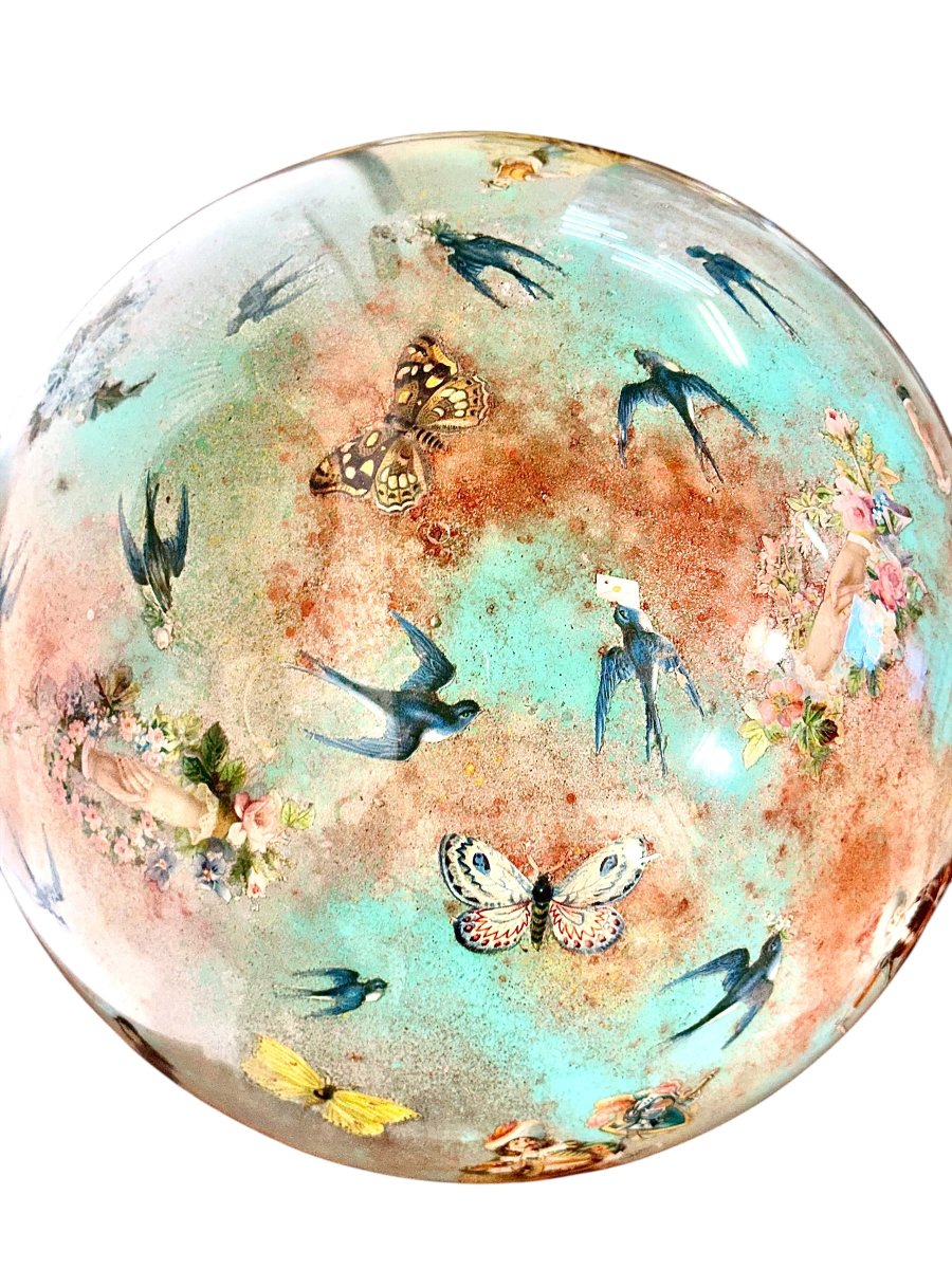 Rare 19th Century French Folk Art Decoupage Glass Globe On Brass Stand-photo-2