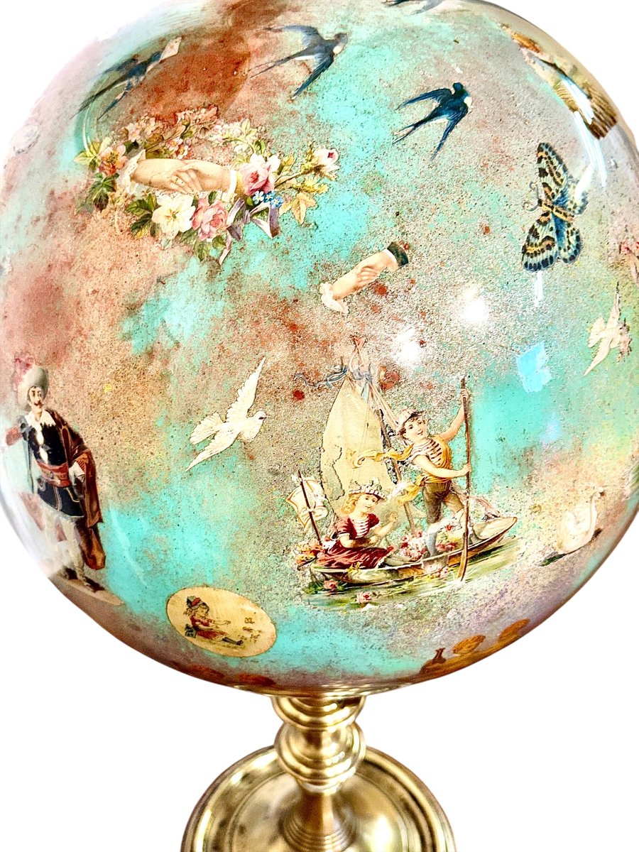 Rare 19th Century French Folk Art Decoupage Glass Globe On Brass Stand-photo-3