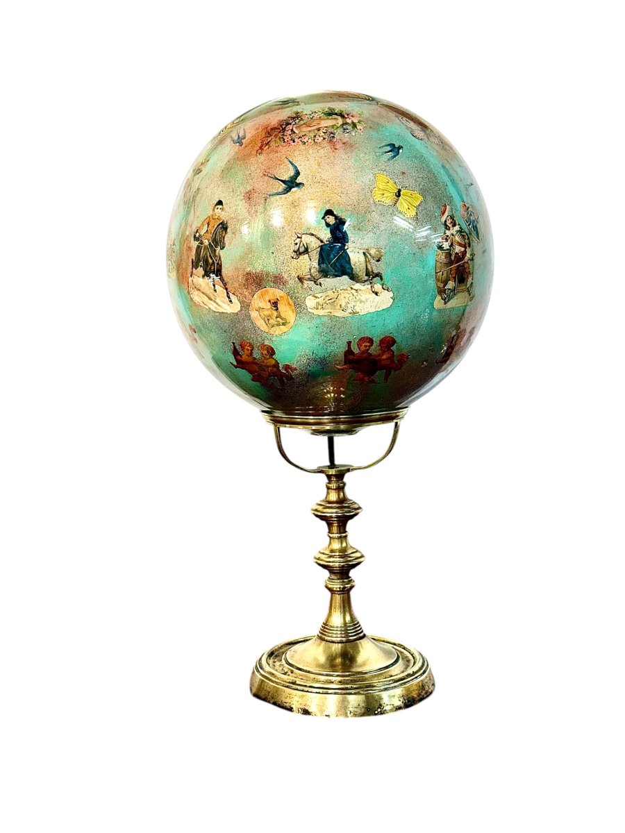 Rare 19th Century French Folk Art Decoupage Glass Globe On Brass Stand-photo-4