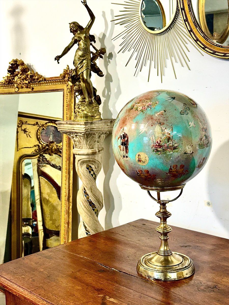 Rare 19th Century French Folk Art Decoupage Glass Globe On Brass Stand-photo-5