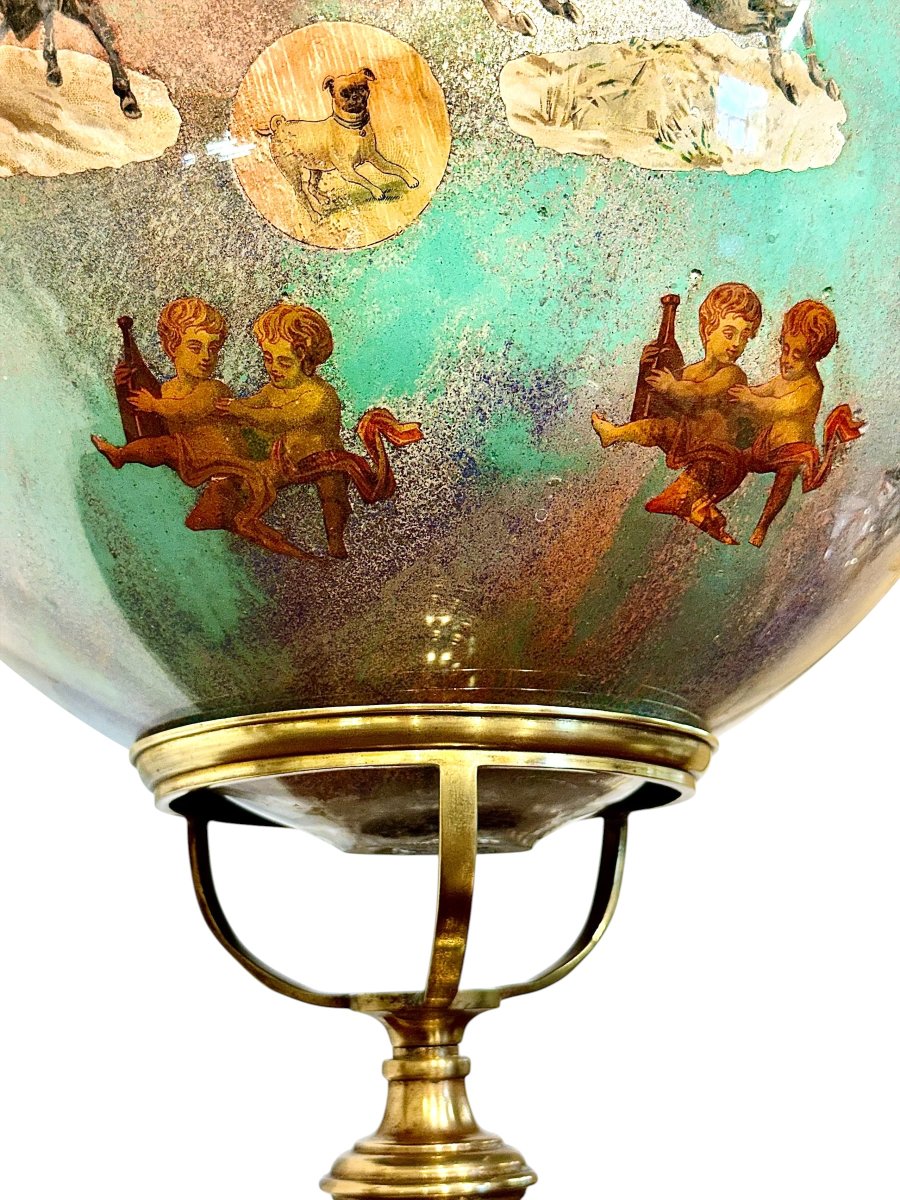Rare 19th Century French Folk Art Decoupage Glass Globe On Brass Stand-photo-7