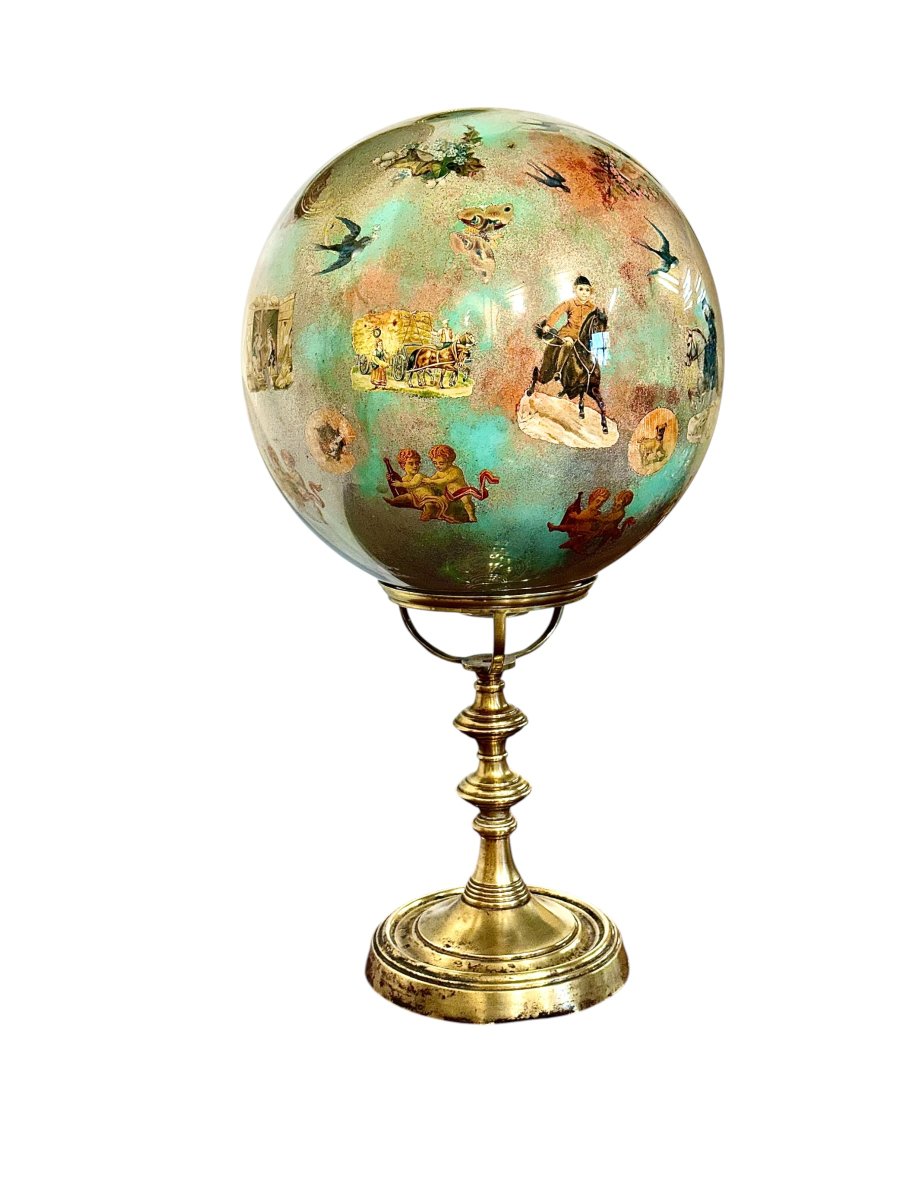 Rare 19th Century French Folk Art Decoupage Glass Globe On Brass Stand