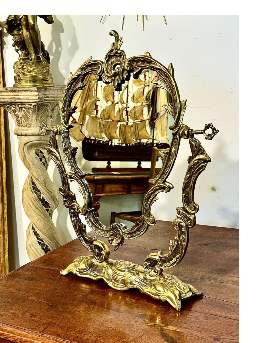 French Louis XV Style Gilt Bronze Table Mirror, Rococo, Circa 1900-photo-2