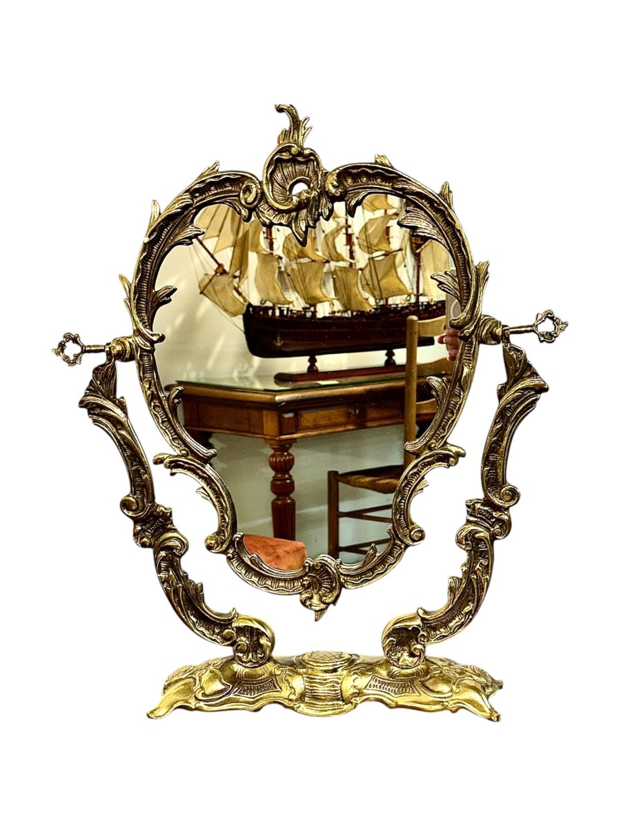 French Louis XV Style Gilt Bronze Table Mirror, Rococo, Circa 1900-photo-1