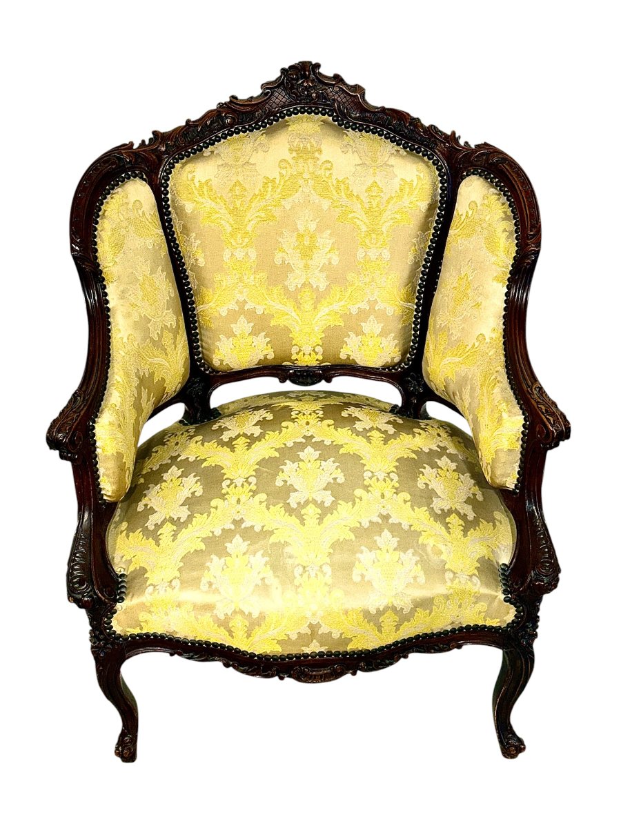 Louis XV Style Carved Walnut Bergère Armchair, France 19th Century-photo-1