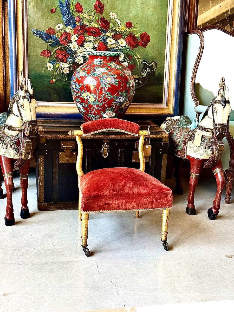 19th Century French Giltwood Slipper Chair In Old Rose Velvet-photo-2