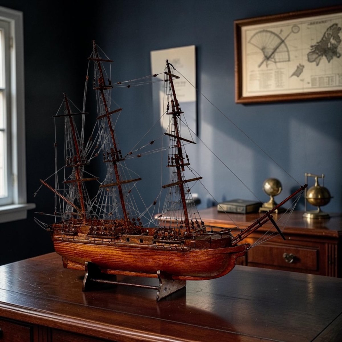 Maquette de voilier, modèle maritime à trois mâts en bois de poirier, vers 1890-photo-2