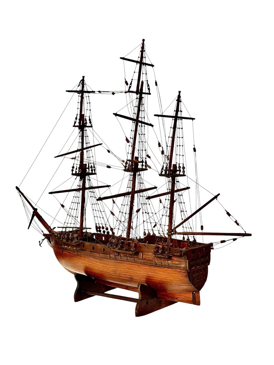 Maquette de voilier, modèle maritime à trois mâts en bois de poirier, vers 1890-photo-3