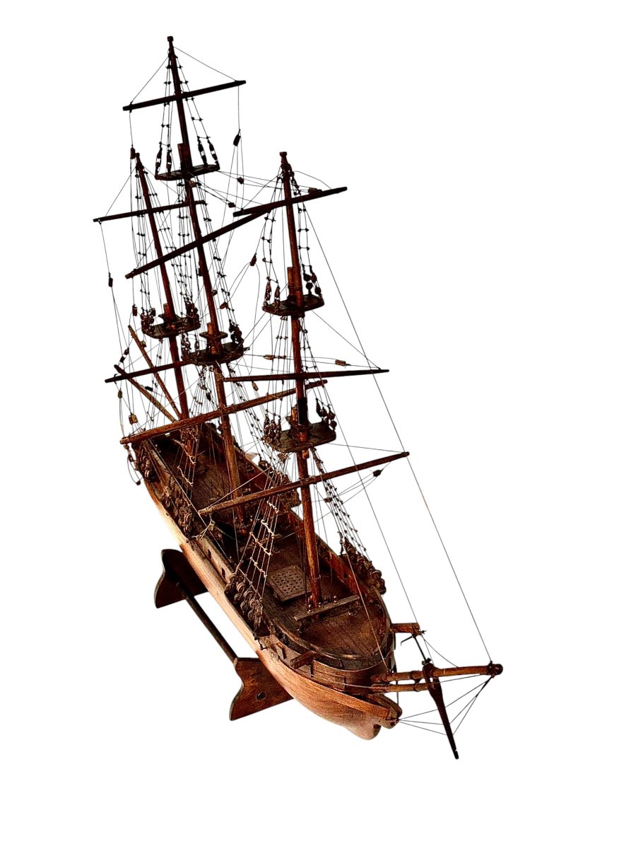 Maquette de voilier, modèle maritime à trois mâts en bois de poirier, vers 1890-photo-4