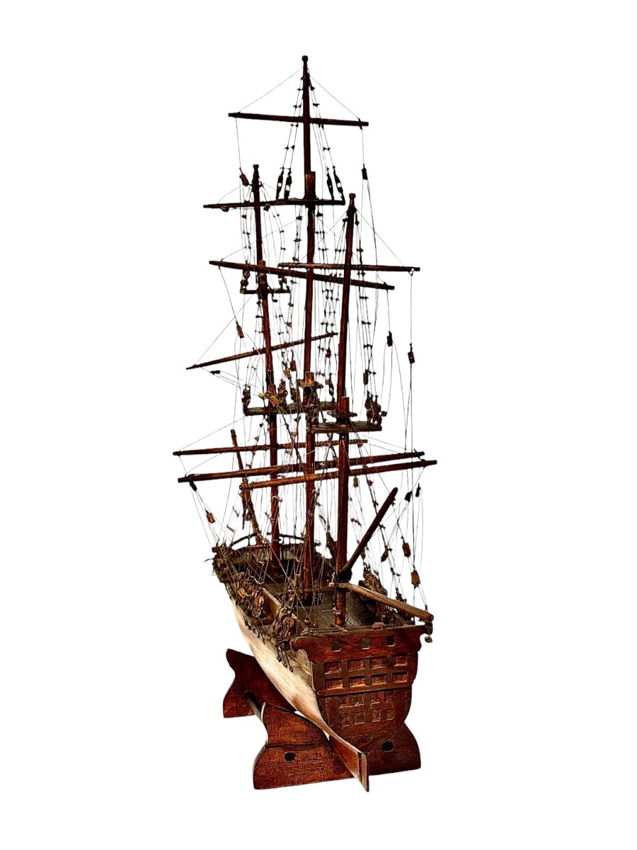 Maquette de voilier, modèle maritime à trois mâts en bois de poirier, vers 1890-photo-1