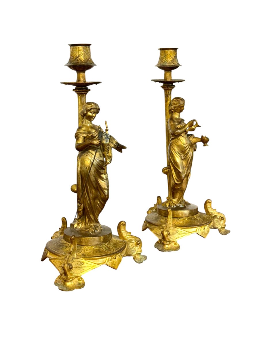 Paire de bougeoirs en bronze doré à figures féminines néoclassiques, XIXe-photo-3