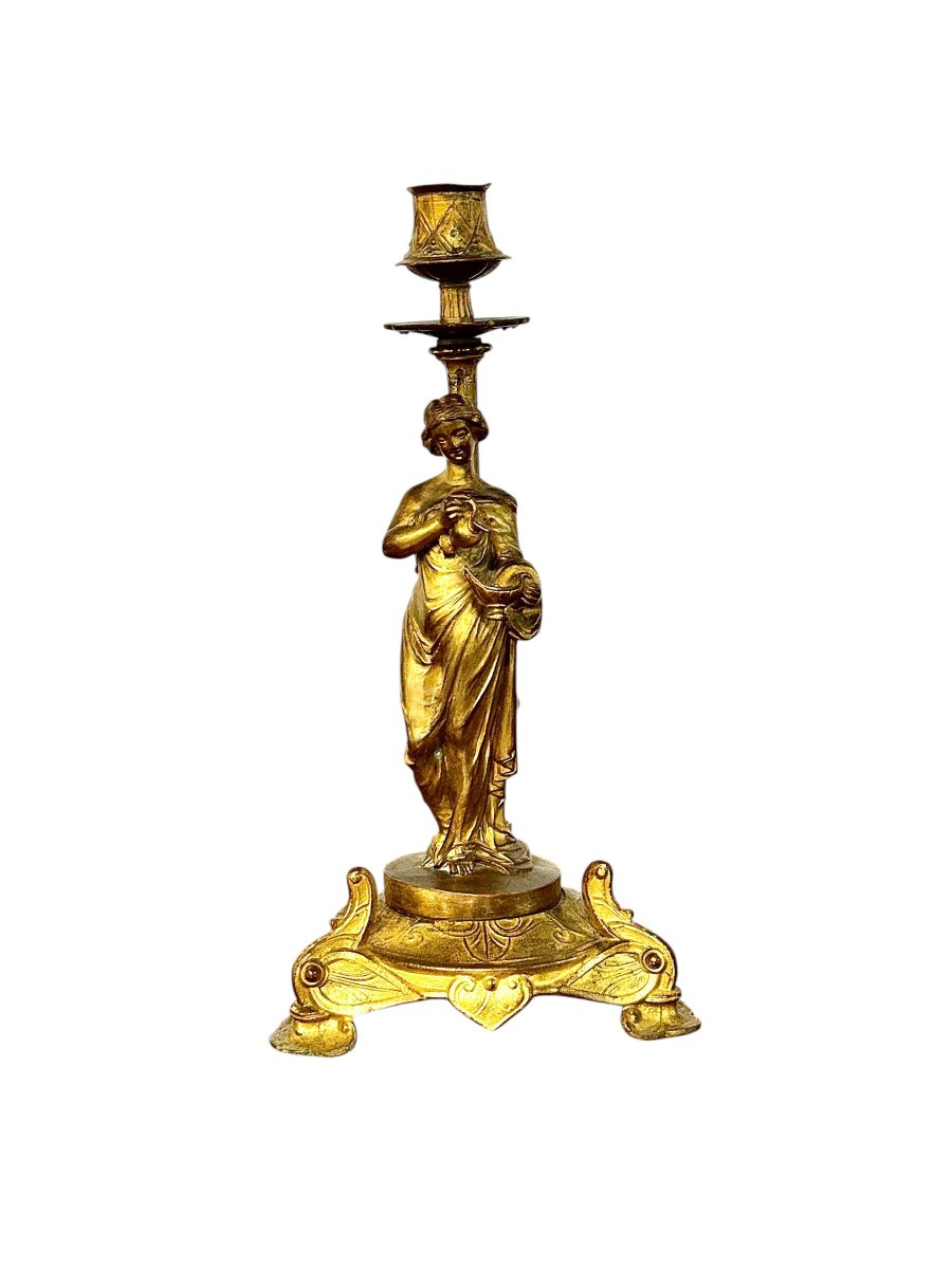 Paire de bougeoirs en bronze doré à figures féminines néoclassiques, XIXe-photo-1