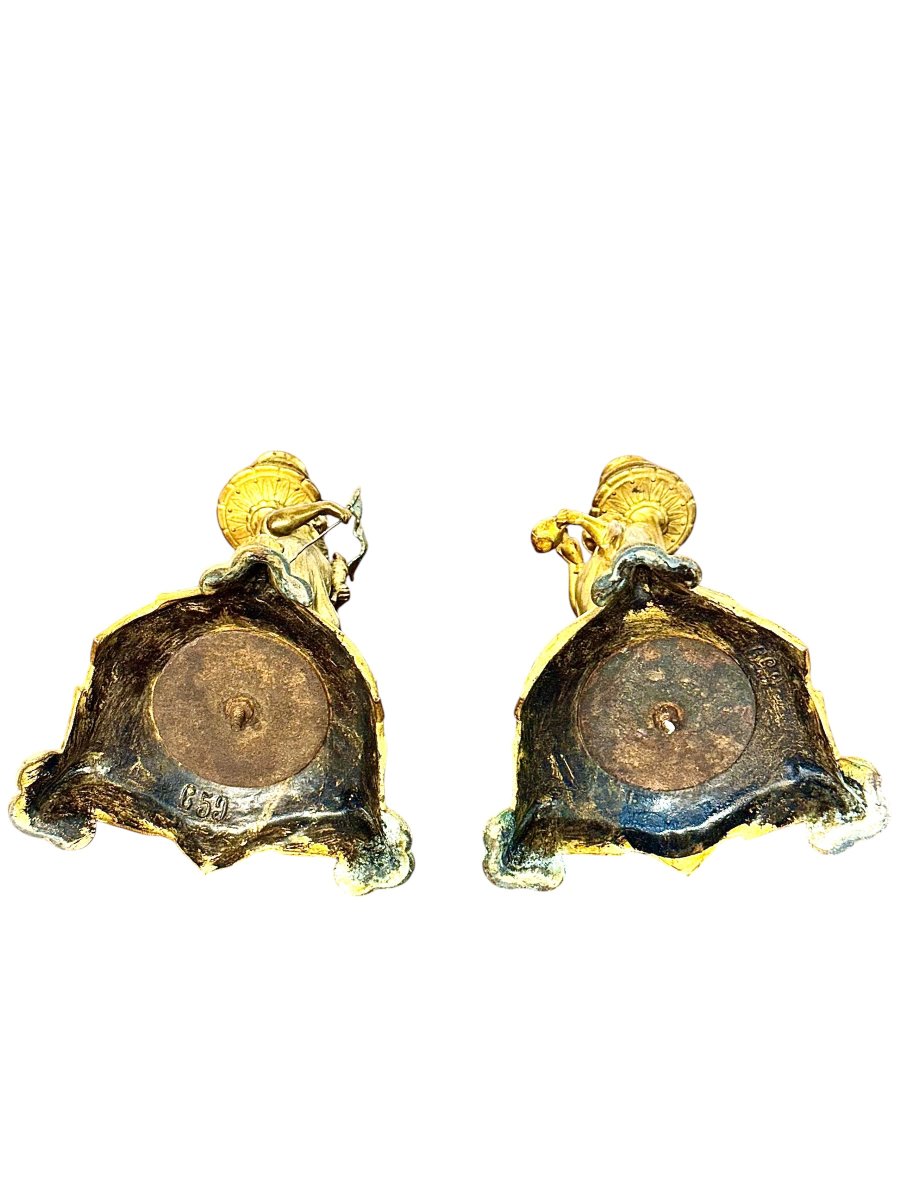 Paire de bougeoirs en bronze doré à figures féminines néoclassiques, XIXe-photo-3