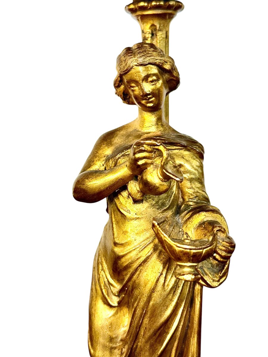 Paire de bougeoirs en bronze doré à figures féminines néoclassiques, XIXe-photo-6