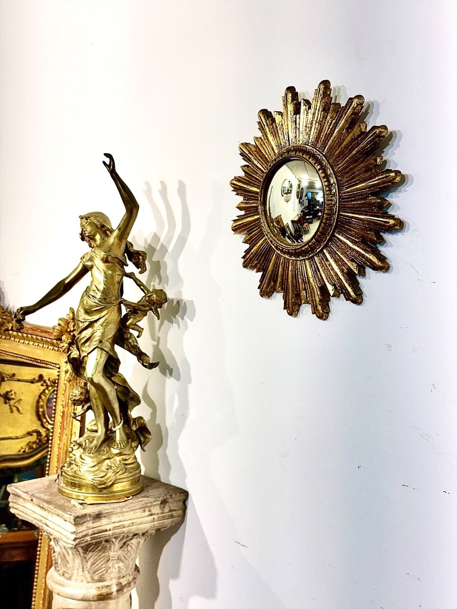 Convex Giltwood Sunburst Mirror, France Circa 1950-photo-8