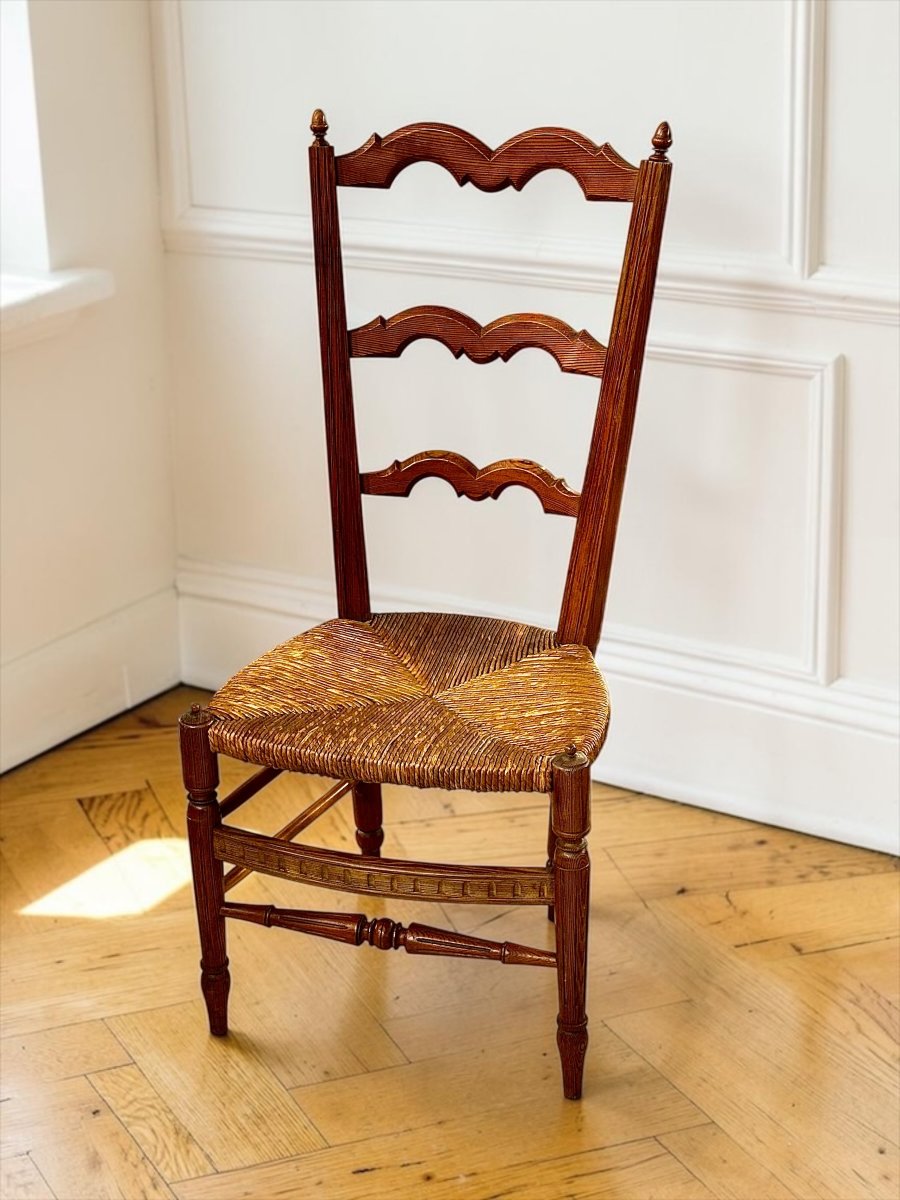 Chaise d'enfant provinciale en pin avec assise en paille tressée, France du XIXe siècle-photo-2