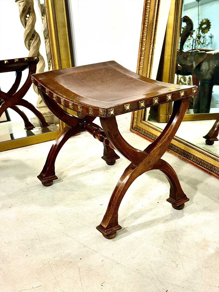 French Renaissance Revival Curule Stool In Beech Wood And Leather, Circa 1890-photo-2