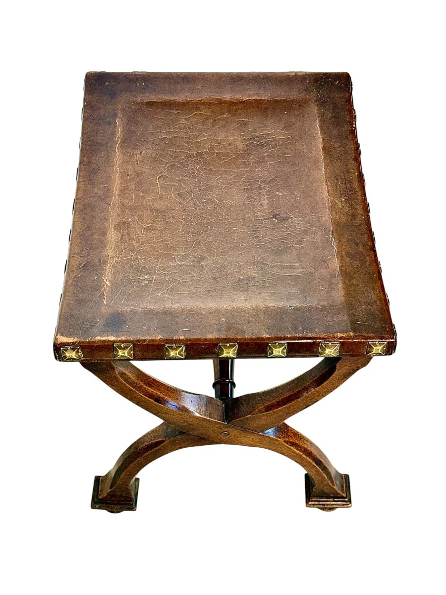 French Renaissance Revival Curule Stool In Beech Wood And Leather, Circa 1890-photo-3