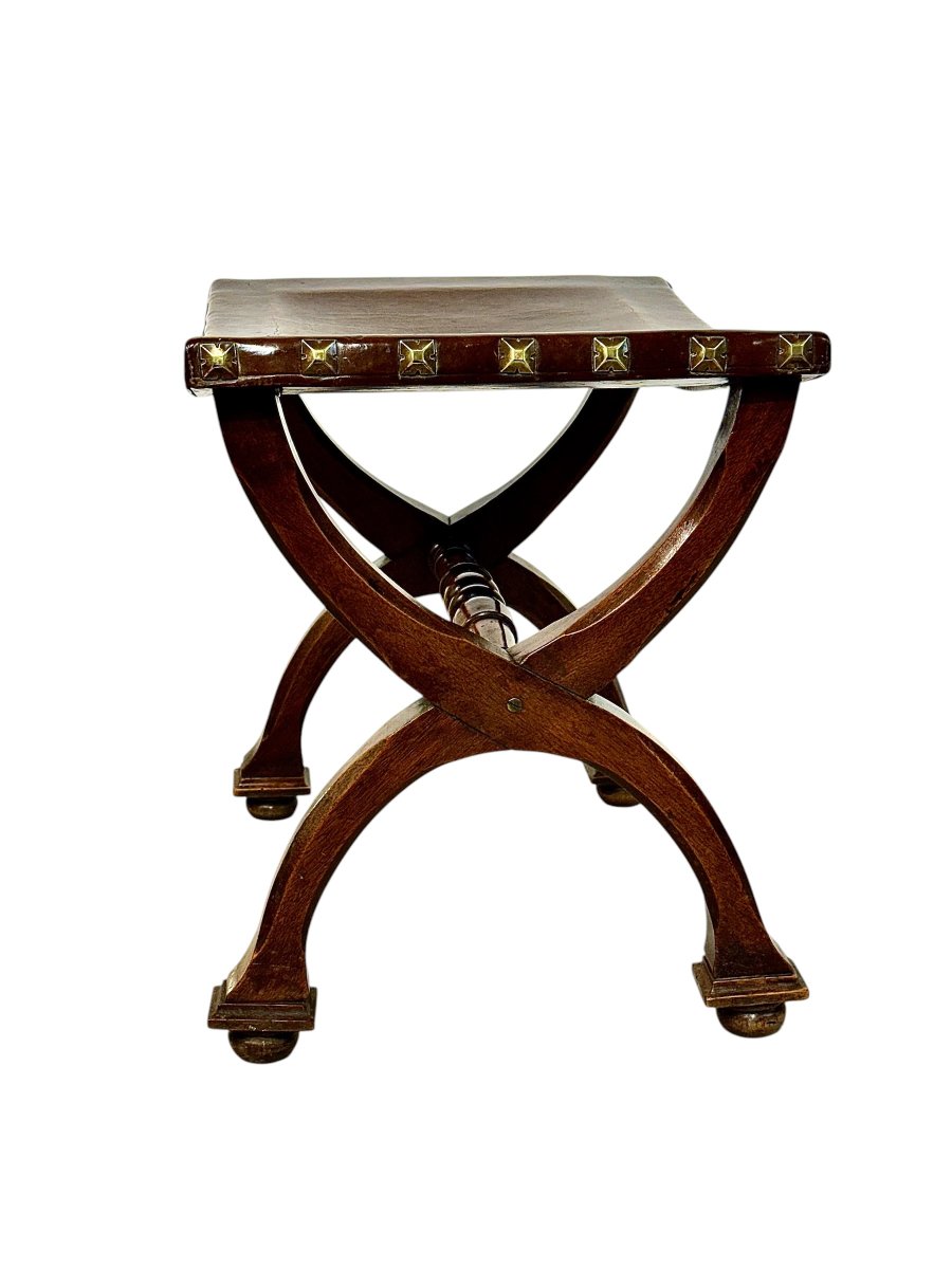 French Renaissance Revival Curule Stool In Beech Wood And Leather, Circa 1890-photo-4