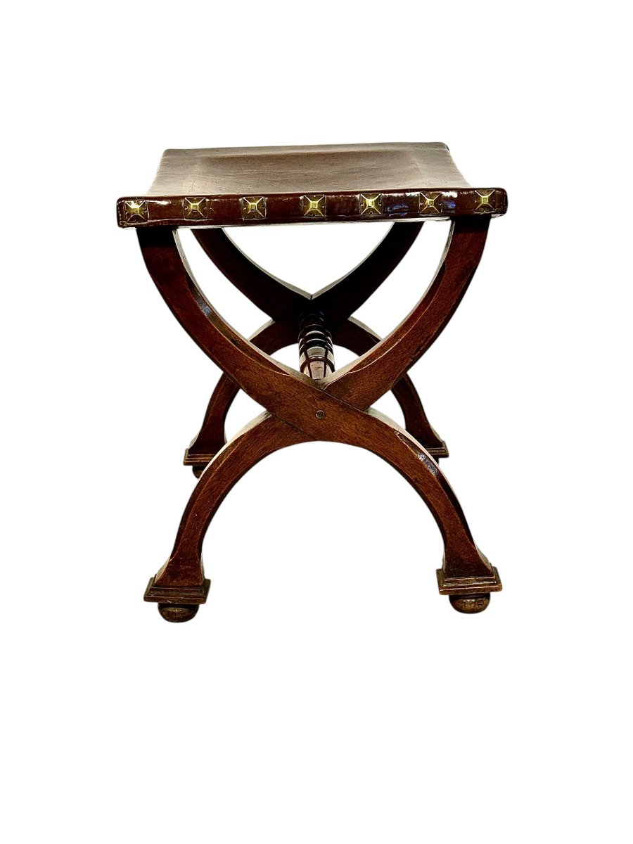 French Renaissance Revival Curule Stool In Beech Wood And Leather, Circa 1890-photo-1
