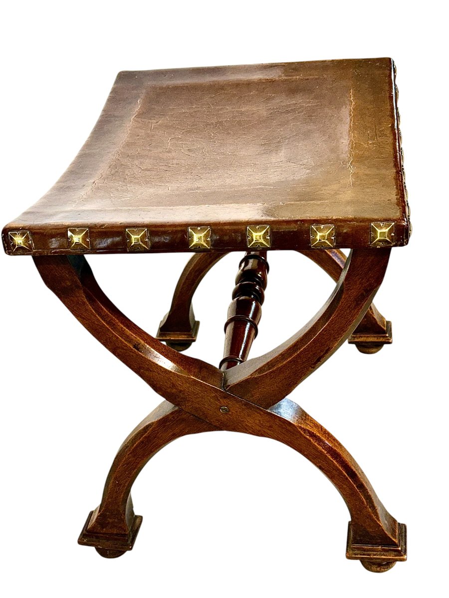 French Renaissance Revival Curule Stool In Beech Wood And Leather, Circa 1890-photo-2